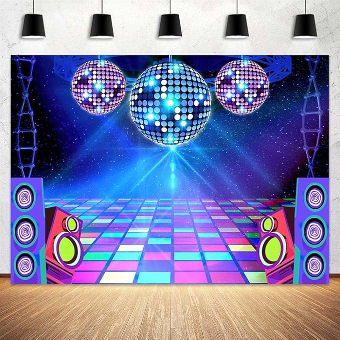 Dance Party Backdrop Retro 80s 90s Theme Stage Dance Ball Music Birthday Party Decoration DJ Photography Background 12X10 ft for Baby Shower Picture Photo Shoot Polyester Fabric, Blue
