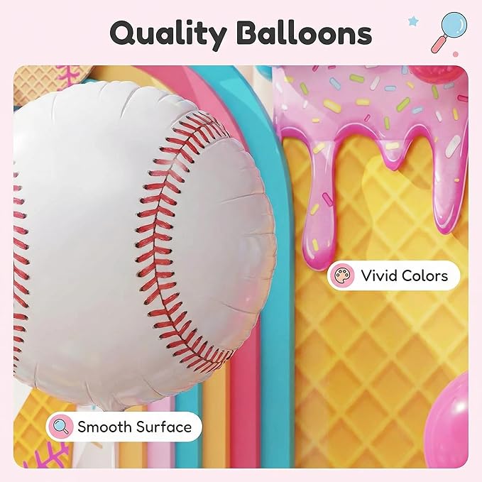 Ice Cream Drip Baseball Birthday Party Decorations, 133PCS Baseball Balloon Arch Garland Kit Ice Cream Theme Hot Pink Latex Balloons with Baseball Foil Balloons for Birthday Baby Shower Party Supplies