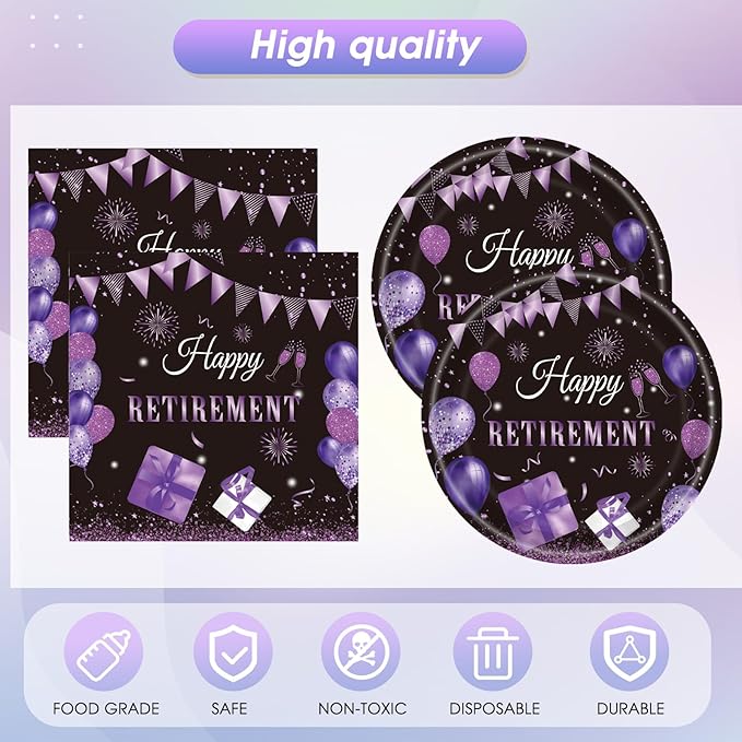41PCS Purple Retirement Party Decorations Happy Retirement Plates and Napkins Table Cloth Disposable Tableware Kit for Women Say Goodbye Party Supplies