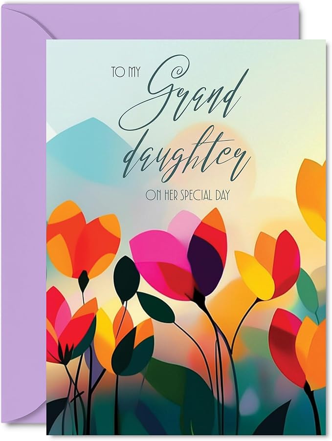 Granddaughter Birthday Card - Vibrant Summer Flowers - Vivid Happy Birthday Card for Granddaughter from Grandma Grandpa, 5x7 Inch Female Floral Bday Golden Greeting Cards