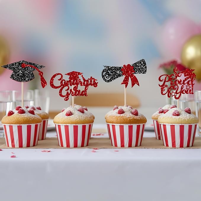 24Pcs Black Red Graduation Cupcake Toppers 2026, Glitter Grad Cap Diploma Congrats Grad We Are So Proud of You Cupcake Toppers for Class of 2026 Graduation Party Decorations.