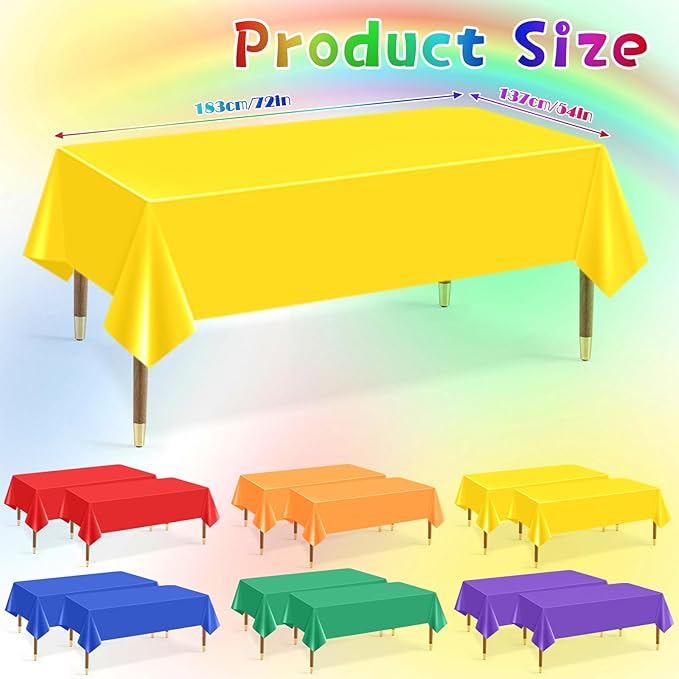 mwellewm 12Pcs Plastic Table Cloth Disposable, Assorted Color Rainbow Tablecloth Colorful Neon Rectangle Bulk Solid Table Cover for Birthday Wedding Graduation Picnic Party Decorations(54x72 Inch)