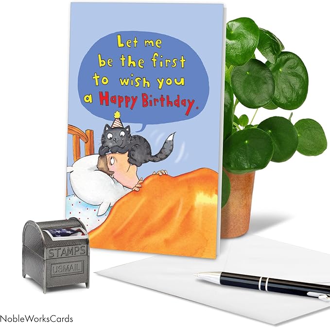NobleWorks - 1 Awesome Birthday Greeting Card - Cartoon Art, Happy Funny Bday Note - Cat on Head C3791HBDG