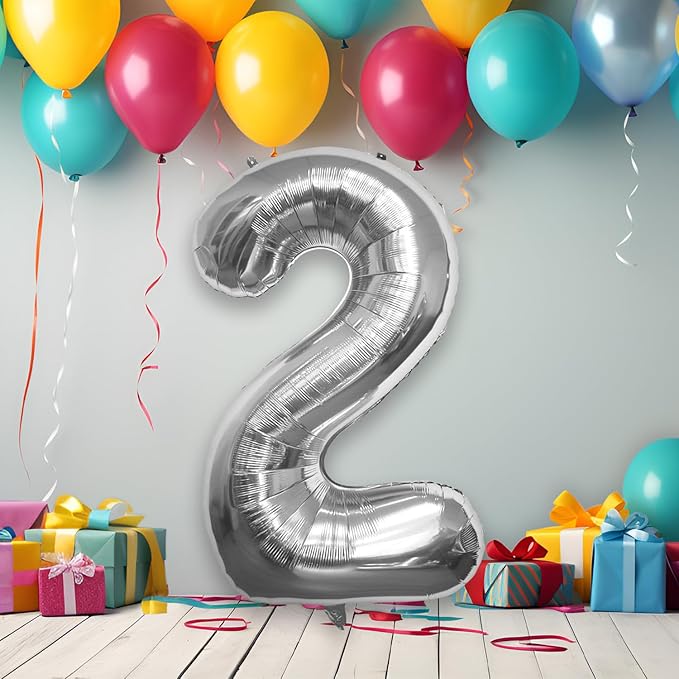 40 Inch Large Silver Number Celebration and Decoration Balloon for Birthday Parties, Graduations, Anniversaries, Weddings, Photo Shoots, Special Events - Helium Foil (Silver Number 2)