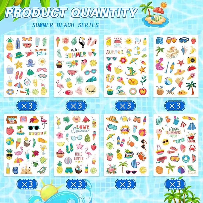 24 Sheets Summer Stickers Pool Beach Luau Hawaii Sun Stickers Hello Summer Ocean Beach Stickers, Watermelon Beer Ice Cream Pineapple Sticker, Summer Theme Family School Classroom Party Favor