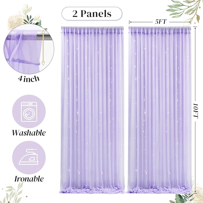 10ft x 10ft Purple Backdrop Curtain with Lights String for Parties, Sheer Tulle Wedding Photo Backdrops Drapes for Purple Birthday Party Decorations Background for Photography