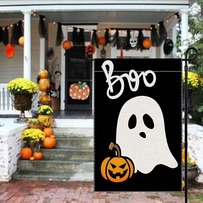 Halloween Garden Flag Ghost Welcome Small Flags for Outside, 12x18 Inch Spooky Boo Double Sided Burlap Holiday Fall Banner Yard Outdoor Decoration