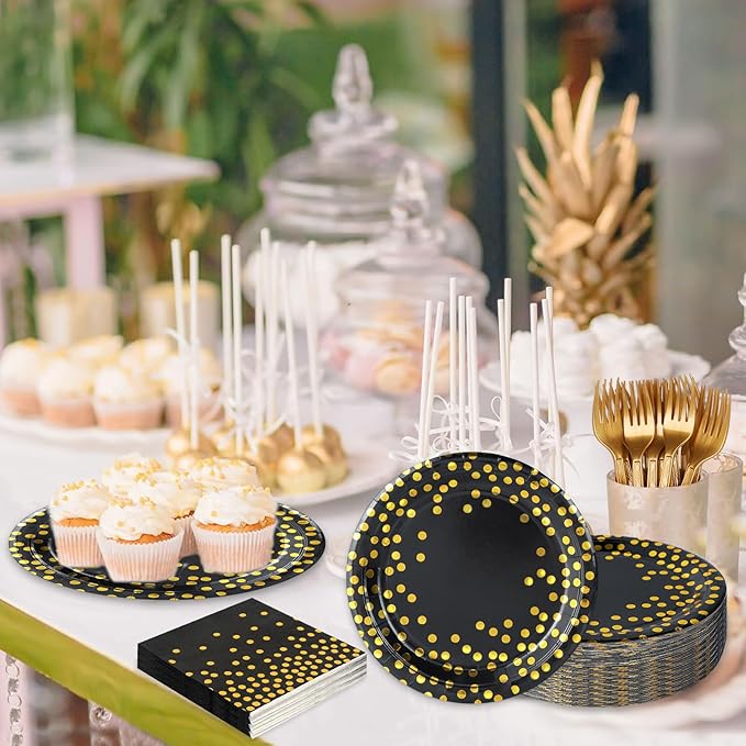 Black and Gold Paper Plates and Napkins Party Supplies,Serves 25 Guests Black Gold Plates and Napkins,Disposable Paper Tableware Set for Birthday Graduation Retirement Decorations