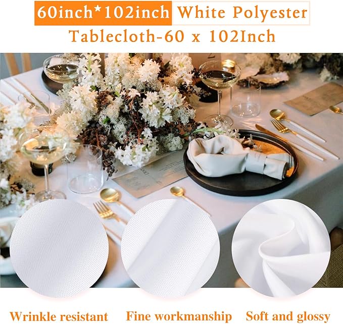 WIGENIUS 6 Pack White Table Cloth Rectangle Tablecloths 60X102 Inch,Polyester Table Cloth for 6 Foot Rectangle Tables,Wrinkle Resistant Washable Fabric Table Covers for Party,Wedding Banquet