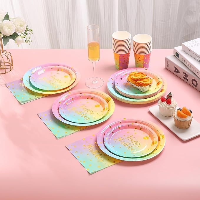 175PCS Pastel Birthday Decorations,Birthday Plates and Napkins Party Supplies,Disposable Rainbow Birthday Plates,Pastel Paper Plates for Girl Women Birthday Party Decorations,Serves 25 Guests