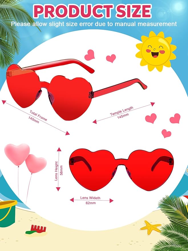 12 Pairs Heart Shaped Sunglasses for Women Colorful Glasses Fun Trendy Transparent Heart Sunglasses Party Favor