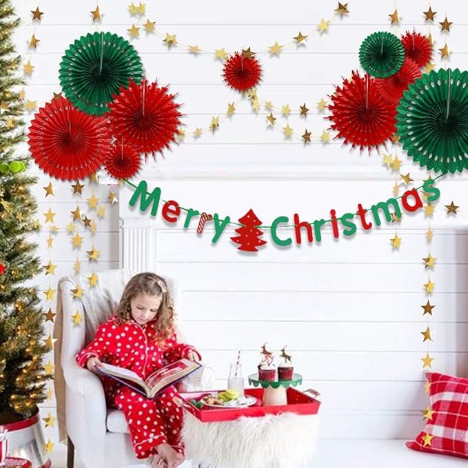 Decor365 Ugly Sweater Christmas Party Decorations Red Green Gold Star Garlands Christmas Hanging Fans Xmas Banner Home Classroom Office Decoration Holiday Phogobooth Backdrop Decor