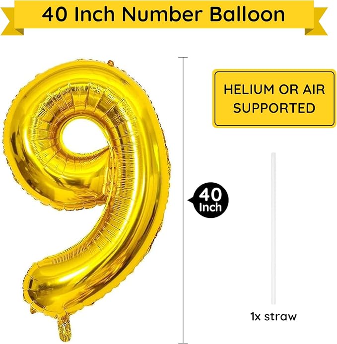 Gold Number 9 Balloon, 40 Inch Large Number Foil Mylar Balloons for 9th Girl Boy Birthday Party Celebration Decorations Supplies, Digital Balloons for Wedding Anniversary Events Decor