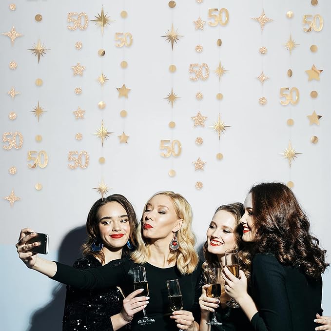 Champagne Gold 50th Birthday Decorations Number 50 Circle Dot Star Garland Metallic Streamer Banner for Women Mens Cheers to 50 Years Old Birthday Happy 50th Anniversary Vintage 1975 Party Supplies