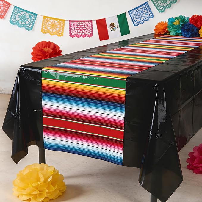 3 Pack Mexican Party Decorations Tablecloths - 108 x 54 Inch Black Fiesta Tablecloth with Serape Stripe for Cinco de Mayo, Taco Twosday Birthday & Outdoor BBQ