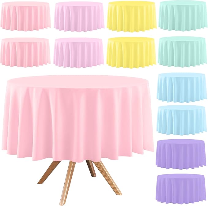12 Pack Round Disposable Tablecloths, Plastic Pastel Table Cover for Birthday Wedding Baby Shower Party Decoration,6 Color, 84 Inch