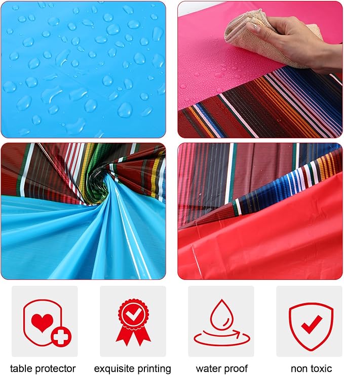 Oudain 6 Pcs Fiesta Tablecloth 108 x 54 Inch Plastic Tablecover Waterproof Mexican Tablecloth Mexican Striped Table Cover for Taco Night Festive Fiesta Wedding (Bright Color)