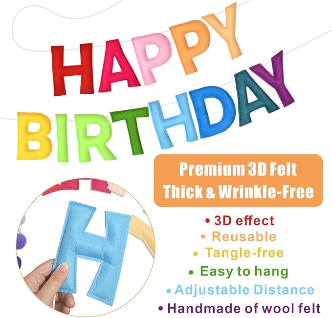 Pre-Strung 3D Happy Birthday Banner - Felt Ball Garland Happy Birthday Banner, Multicolor Rainbow Triangle Flags Reusable Party Decorations