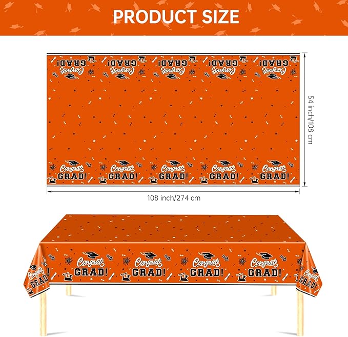 2 Pack Orange Graduation Tablecloth - Congrats Grad Table Cloths, Plastic Disposable Rectangle Class of 2026 Table Cover for Graduation Tables Decorations Party Decor Supplies Favors,108 x 54 Inch