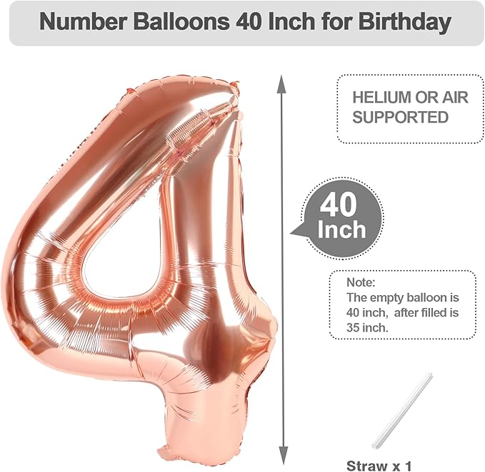 Balloons Numbers 40 Inch Big 4 Balloons for Birthday Party Decoration, Rose Gold Number 4 Ballon for 4, 14, 24, 40 Celebration, Birthday, Christmas, Anniversary Decor