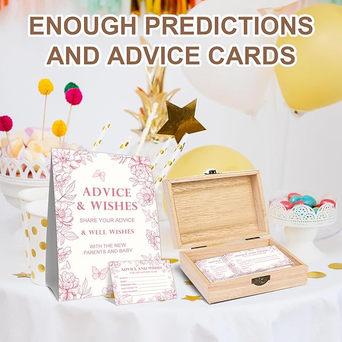 Pink Floral Baby Shower Advice Cards, Baby Shower Advice Boxes, Advice & Wishes Cards Box Presents for Babies, 50 Pcs Double Sided Card and Wooden Well Wish Box, Party Decoration Gifts for New Parents