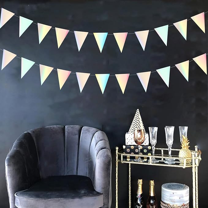Iridescent Disco-Holographic Party Decorations Banner - 2pcs Wedding Baby Bridal Shower Hanging Paper Pennant Flags Streamers, Birthday Bachelorette Engagement Neon Decor Lasting Surprise
