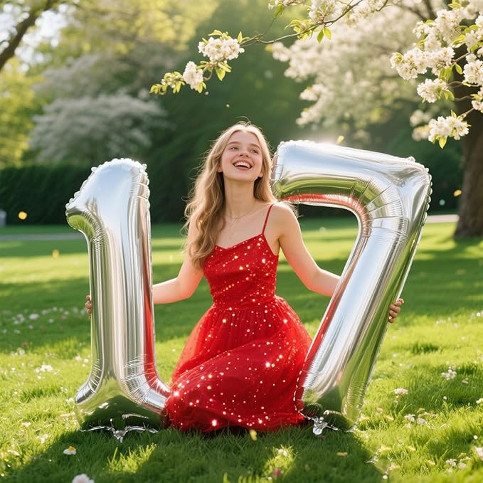 40 Inch Silver Number 17 Digital Balloon,Jumbo Mylar Foil Helium Balloon for 17 Balloons for Birthday Party,Wedding Anniversary Party Decorations