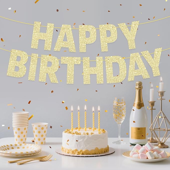 Pre-Strung Happy Birthday Banner Sign - NO DIY, Glitter - Gold Birthday Party Banner for Women Men Girls Boys