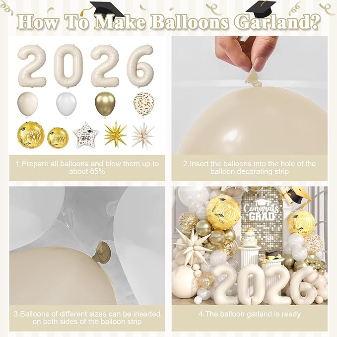 Sand White Gold Balloon Arch Kit, Graduation Balloon Garland Sand Gold White Balloons with Foil Star Confetti Balloons for 2026 College High School Graduation Decorations Class of 2026