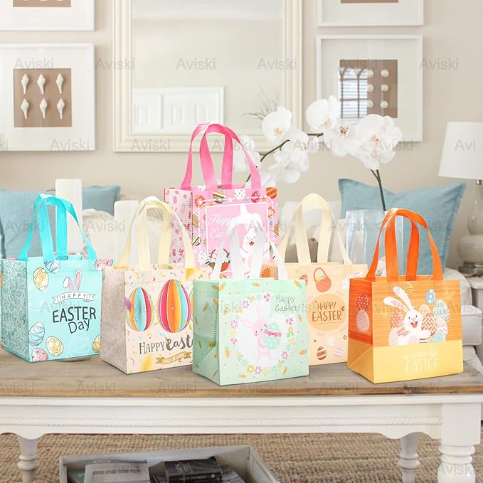 Aviski Easter Gift Wrapping Bags, 12PCS Multifunctional Non-Woven Bag with Handles, Treat Bags for Easter Party Supplies, Egg Hunt Game, 8.3x7.9x5.9inch