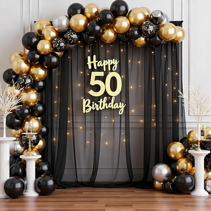 Black Backdrop Curtain - 10 * 8FT Tulle Backdrop Curtain with Lights String for Birthday Decorations - Sheer Backdrop Curtains for Weddings Baby Shower Celebration Happy Anniversary Decorations