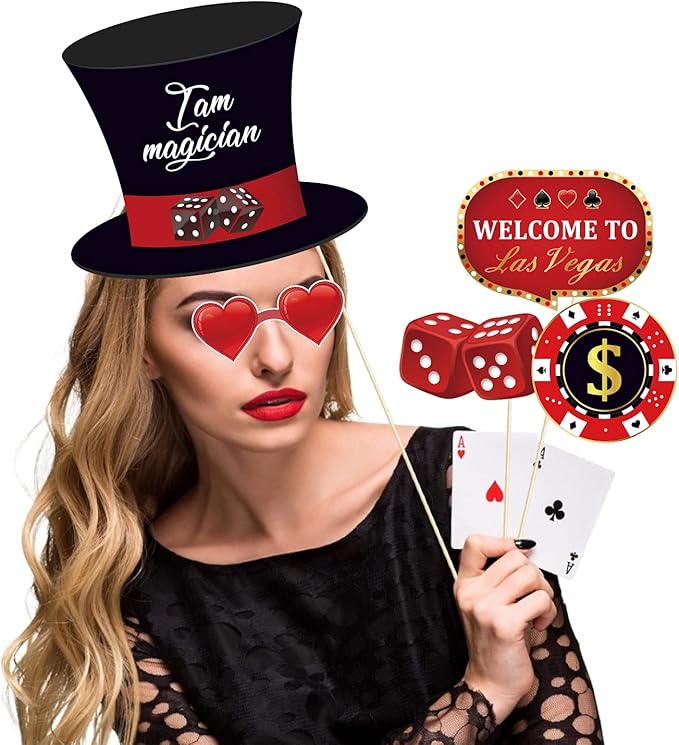 25Pcs Texas Hold'em Photo Booth Props with Stick, Las Vegas Selfie Props,777 Party Supplies,Playing Cards Theme Backdrop Decorations