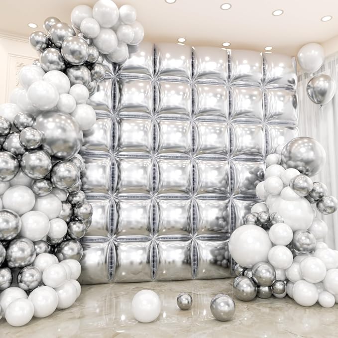 36pcs Silver Square Foil Balloons Wall Backdrop with 144pcs Balloon Garland Arch Kit, Double Sided Balloons for Bachelorette Baby Shower Birthday Anniversary Graduation Prom Party Decorations