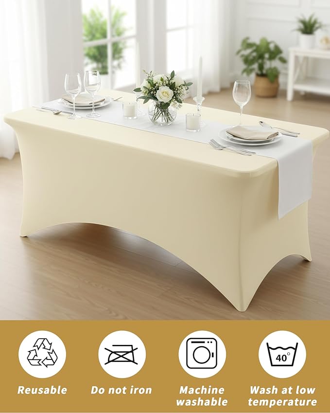 Fixwal 3 Pack Ivory Table Cloths Rectangle 6FT, Tablecloths Rectangular Stretch Spandex Fitted Table Covers 6ft for Parties, Trade Shows, Banquet, Weddings, Buffet, Graduation
