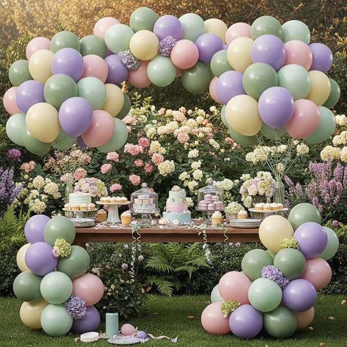 Purple Green Pink Yellow Balloons, 60Pcs 12 Inch Pastel Balloons Include Sage green Pastel Purple Pink Yellow Light Green balloons for Wildflower Baby Shower Wedding Birthday Party Decorations