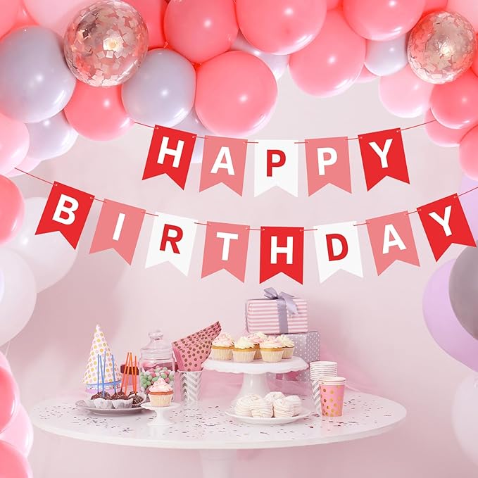 Red Happy Birthday Banner Sign Happy Birthday Bunting Banner Garland for Kids Girl Woman Birthday Tea Party Decorations Bunting Flag Birthday Party Supplies
