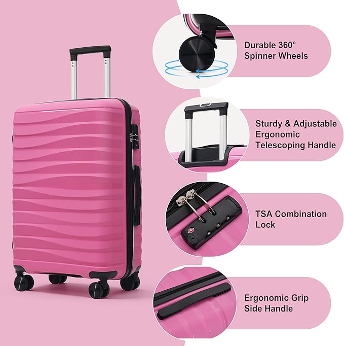 Hardside Luggage Sets, Lightweight Wave Suitcase with Spinner Wheels, PP Pink