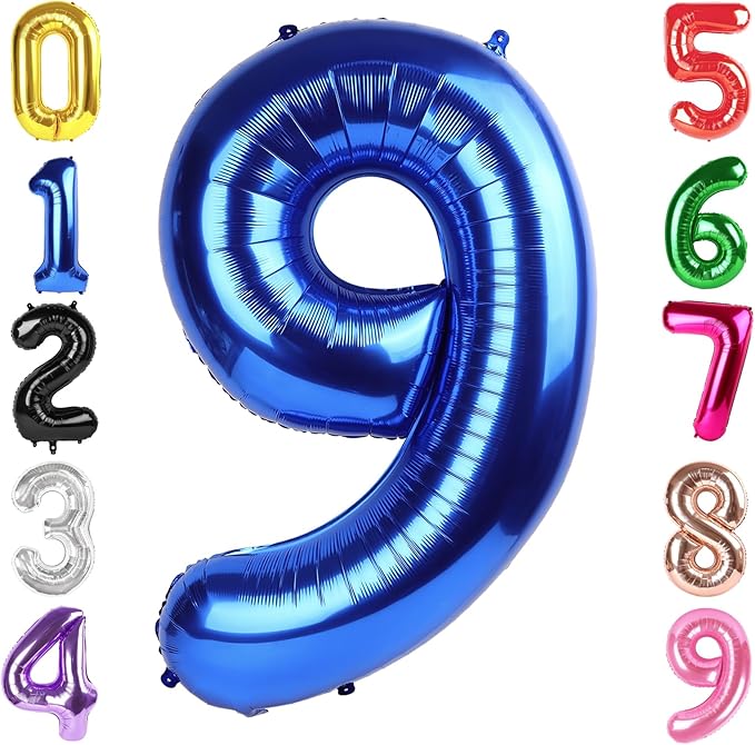 40 Inch Metallic Blue Number 9 Balloon, Giant 9 Number Balloons for 9th Birthday Decorations, Party Supplies for Baby Boy Girl, Metallic Blue Party Decor