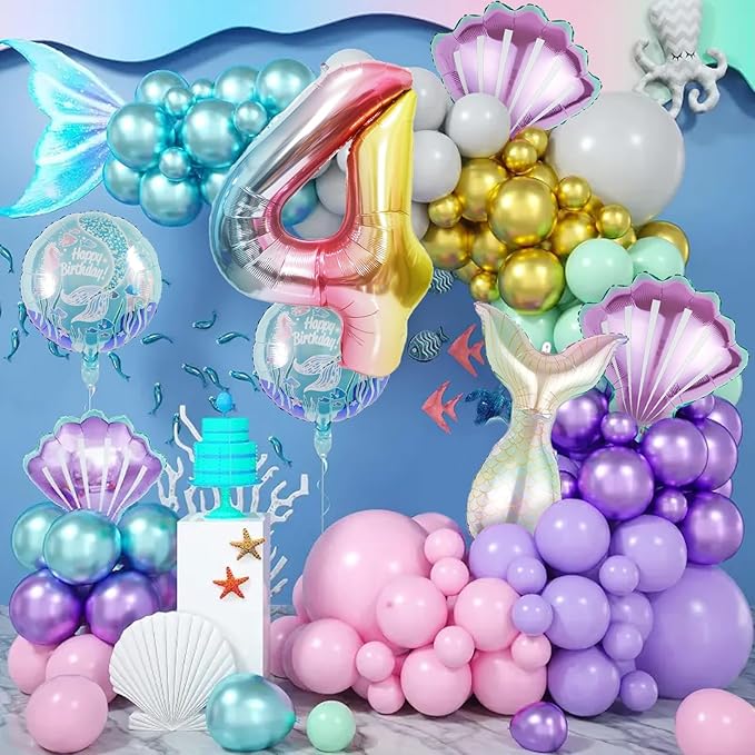Mermaid Birthday Decorations Mermaid Balloons - Number 4 Balloons for Girls Under The Sea Mermaid Theme Baby Shower Birthday Favors