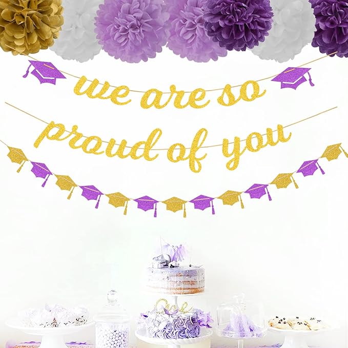 Purple White-Gold Party-Decoration Graduation Banner - 8pcs Kits Cap Garland Streamers, Paper Tissue Pom Poms Flowers,We are So Proud of You Congratulations Grad 2024 Decor Lasting Surprise