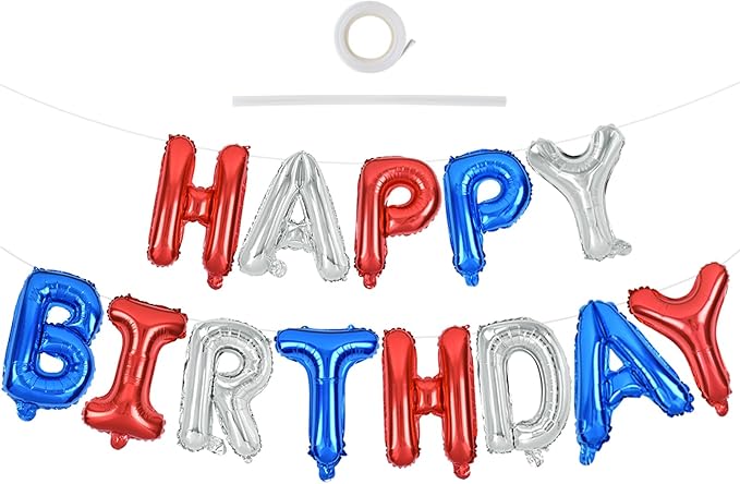 TONIFUL Happy Birthday Balloons Banner 16 Inch Mylar Letters Birthday Sign Banner Balloon Bunting Reusable for Patriotic Party Supplies Independence Day Labor Day Birthday Party（Blue Silver Red）