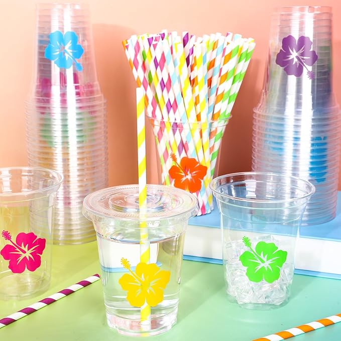 Whaline 60Pcs 12 Oz Hibiscus Floral Disposable Plastic Cups with Lids and Straws Colorful Summer Hawaiian Flower Cold Beverage Drinking Cups for Beach Tropical Luau Party Supplies
