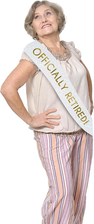 Officially Retired Celebration Sash - Elegant Retirement Sash for Women and Men with Oversized Safety Pin. Perfect for Retirement Parties, Events, and Decorations by JPACO (White)