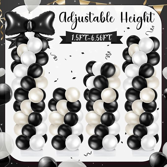 Kasyat 2 Sets Black Bow Balloon Column Stand Kit with 2 Black Bow Foil Balloons 100 Latex Balloons, Adjustable Stands Black and White Balloon Garland Arch for Bridal Princess Birthday Coquette Party