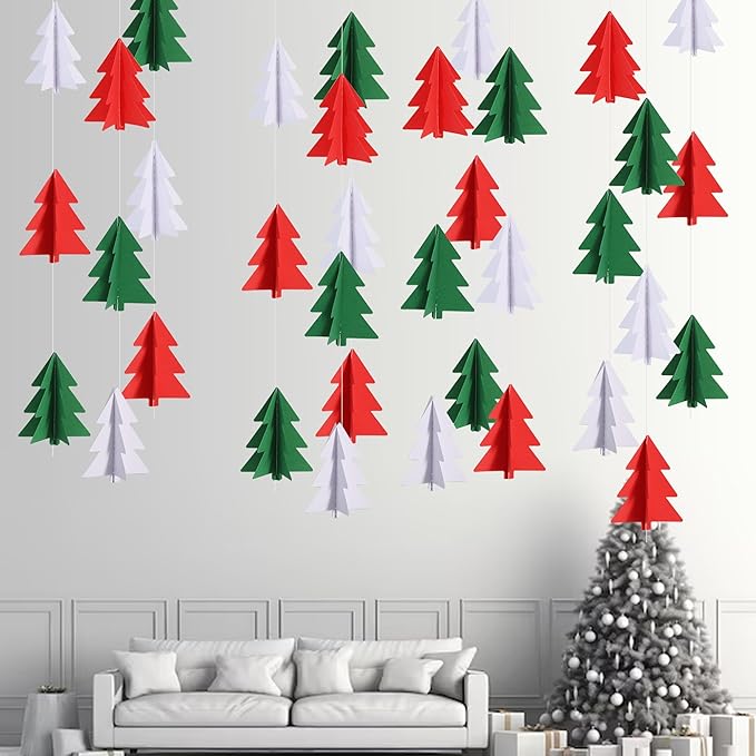 BEISHIDA Red White Green Christmas Decorations, 2 Pcs 3D Christmas Tree Paper Garland Xmas Hanging Streamer Party Decorations for Home Office Classroom Baby Shower Party Supplies