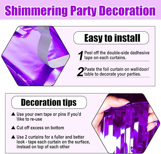 3 Pack Purple Foil Fringe Curtain Backdrop, 3.28Ft x 6.6Ft Metallic Tinsel Foil Fringe Streamer Curtains for Photo Booth, Christmas Day, Thanksgiving, Wedding, New Year Party Decorations