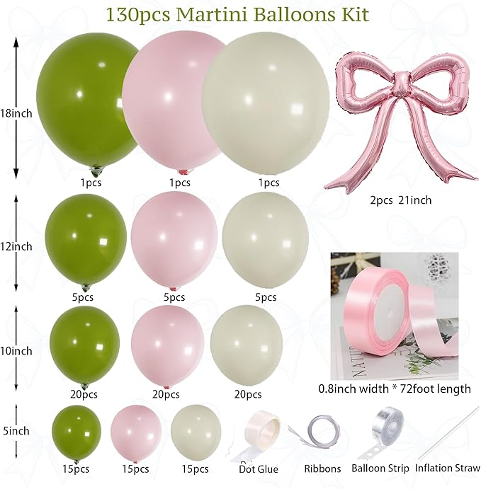 130PCS A Tiny Bit Older Balloon Arch Garland Kit with Green Pink White Bow Balloons for Cocktail Party, Margarita Theme, Martini Bachelorette Decor, A Tini Bit Older Birthday
