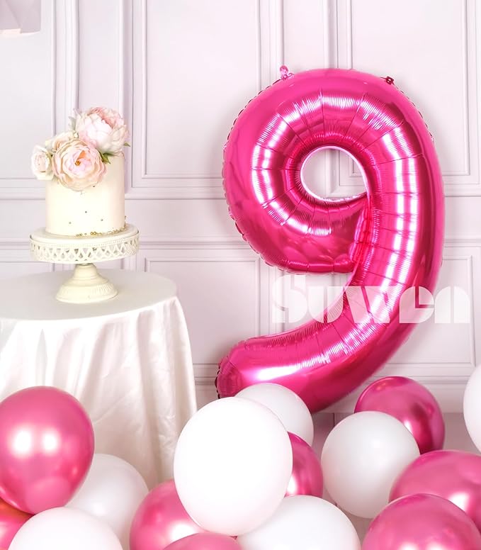 SUWEN 40 Inch Hot Pink Large 9 Number Balloons Big Foil Helium Number Balloons 0-9 Jumbo Happy 9th Mylar Birthday Party Decorations for Girl Anniversary Party Supplies