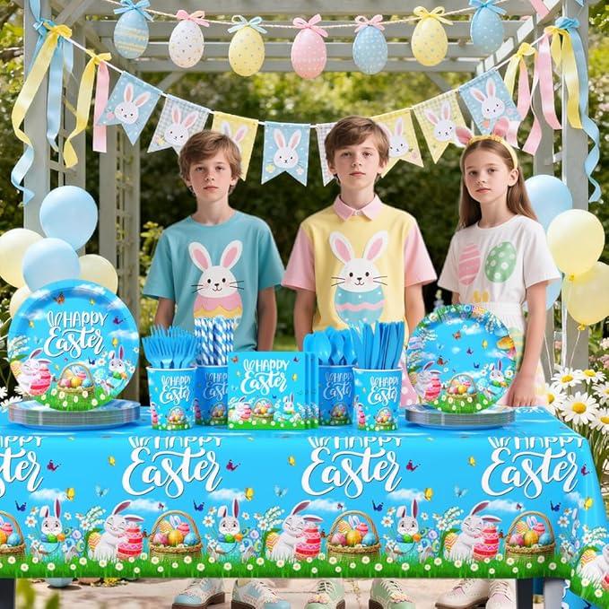 193pcs Happy Easter Party Decorations Easter Paper Plates and Napkins, Cup, Tablecloth, Tableware, Spring Bunny Egg Disposable Dinnerware Party Supplies Serve 24 Guests