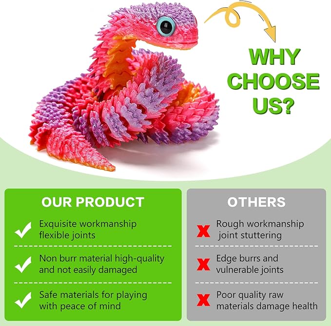 3D Printed Snake,12in Flexible 3D Printed Animal Snake,Christmas Fidget Toys Gifts Halloween Decorations Indoor Outdoor,Decorative Easter for Kids Home Decor. （4pcs）